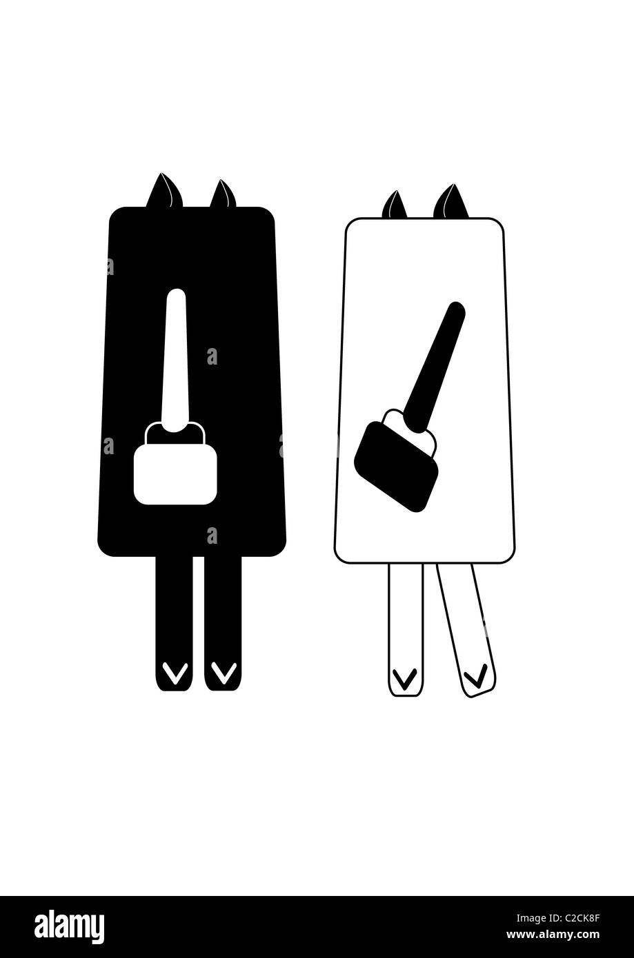 Iconic illustration of two feminine rectangle shaped icons with pointed ...