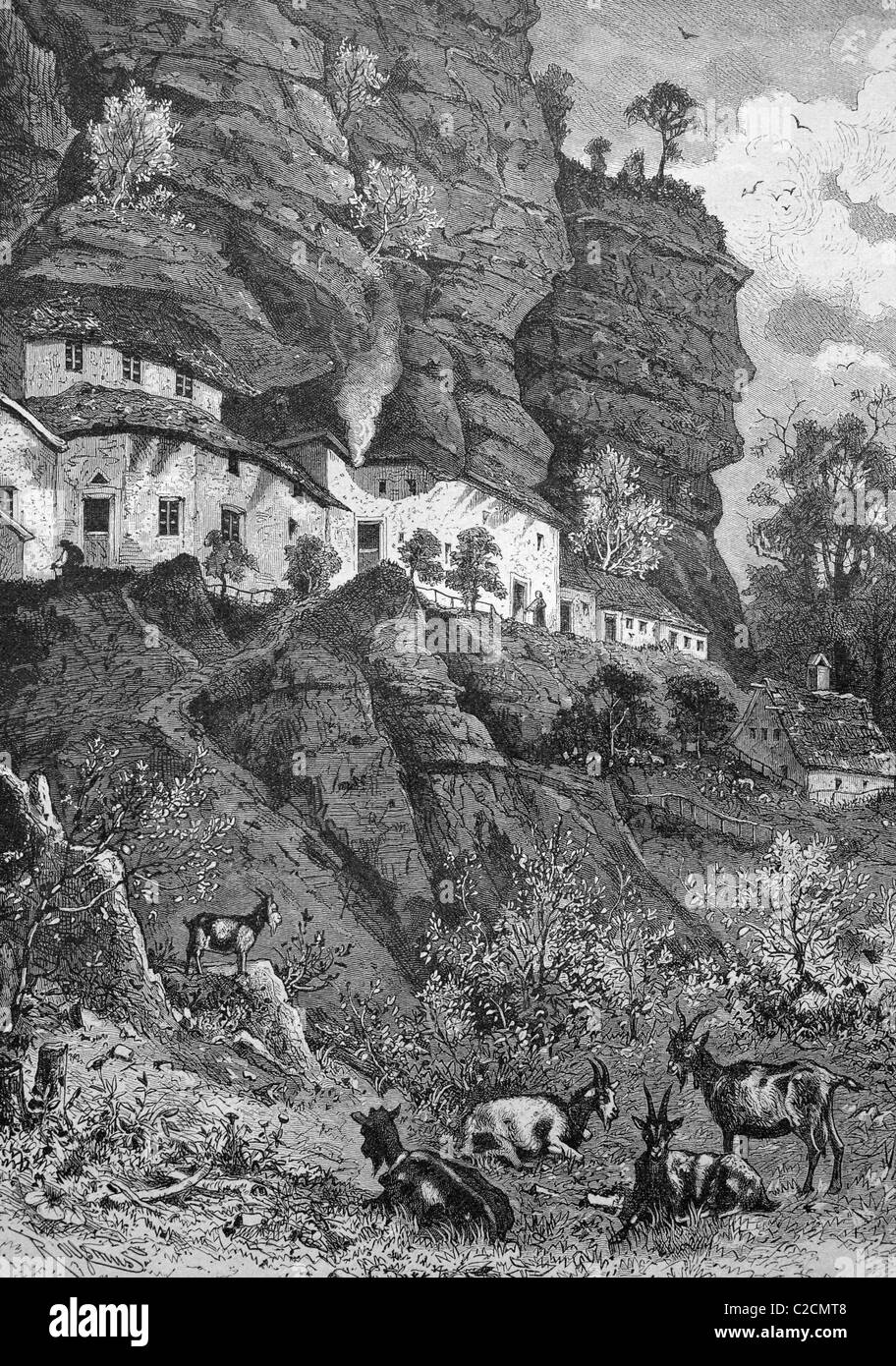 Cliff dwellings in the Trausthal valley, Alsace-Lorraine, historical illustration circa 1893 Stock Photo