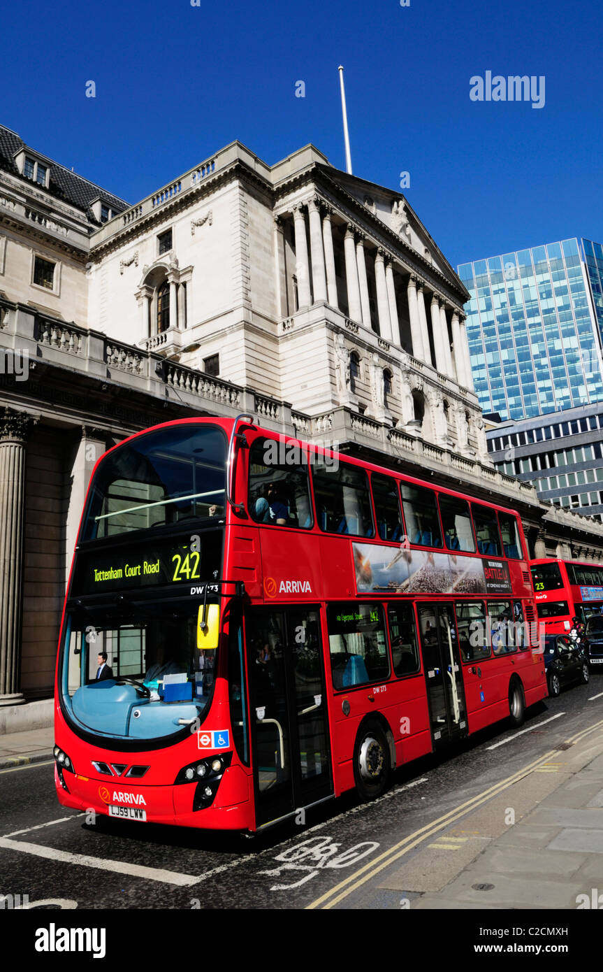 Red Double Decker Bus outside The Bank of England, Threadneedle Street, London, England, UK Stock Photo