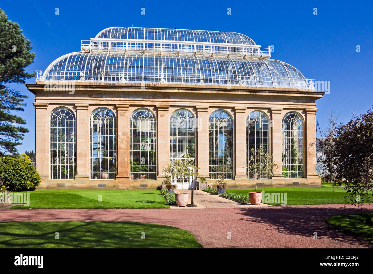 Palm House and entrance to glasshouses in The Royal Botanic Garden in Edinburgh Scotland Stock Photo