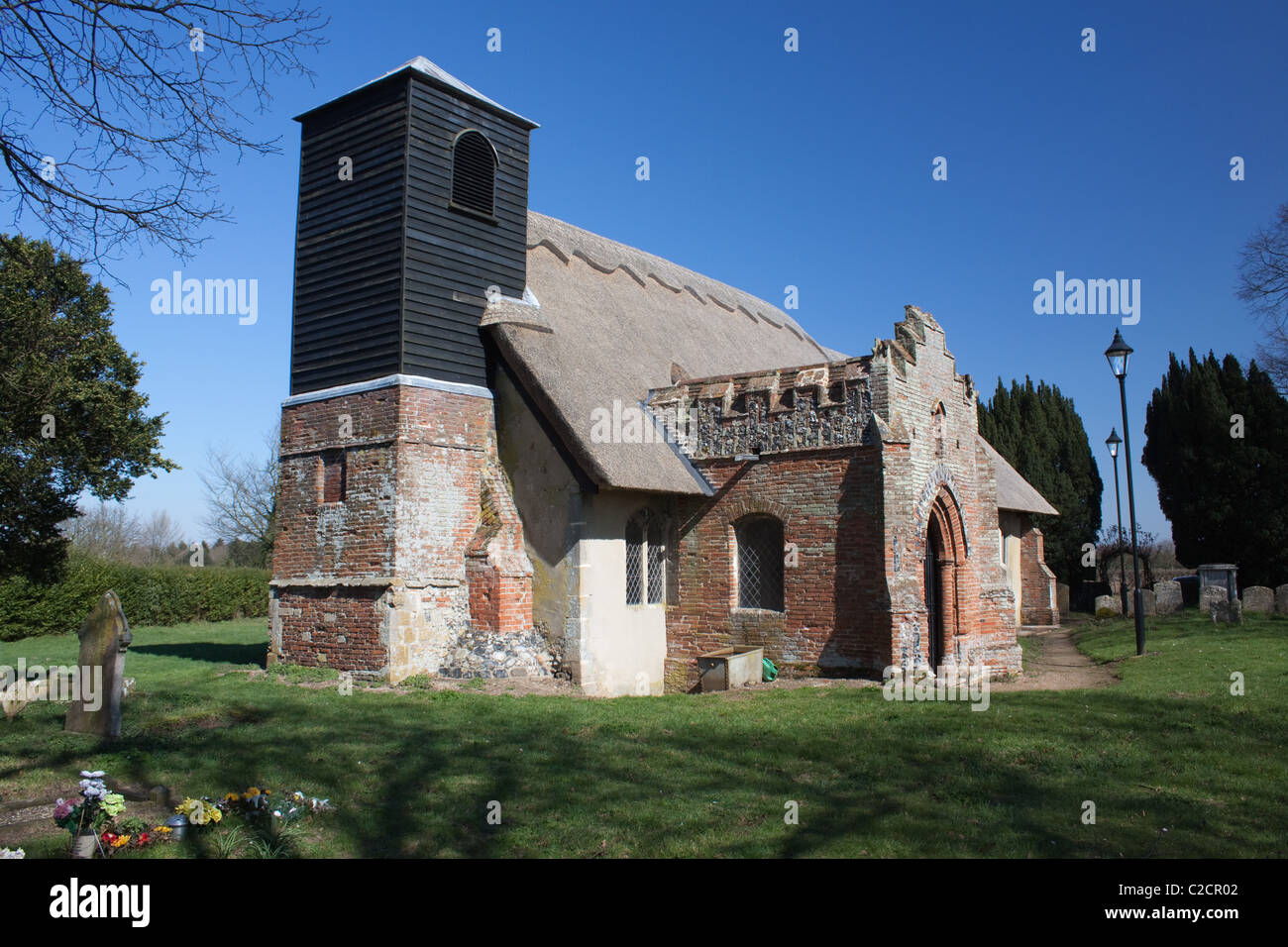 The old thatched church at Ixworth Thorpe in West Suffolk, England Stock Photo