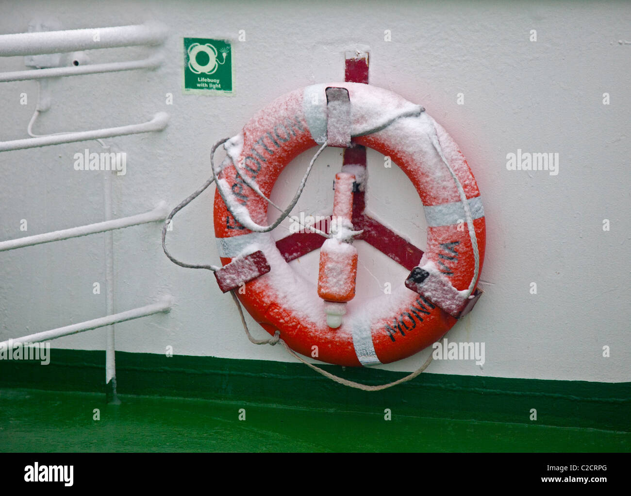 Snow-covered Lifebelt on board MS Expedition, Antarctic Peninsula Stock Photo