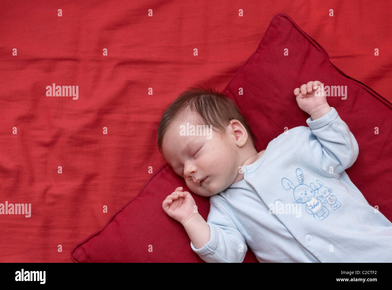 Child Baby girl sleeping on red cushion Stock Photo Alamy