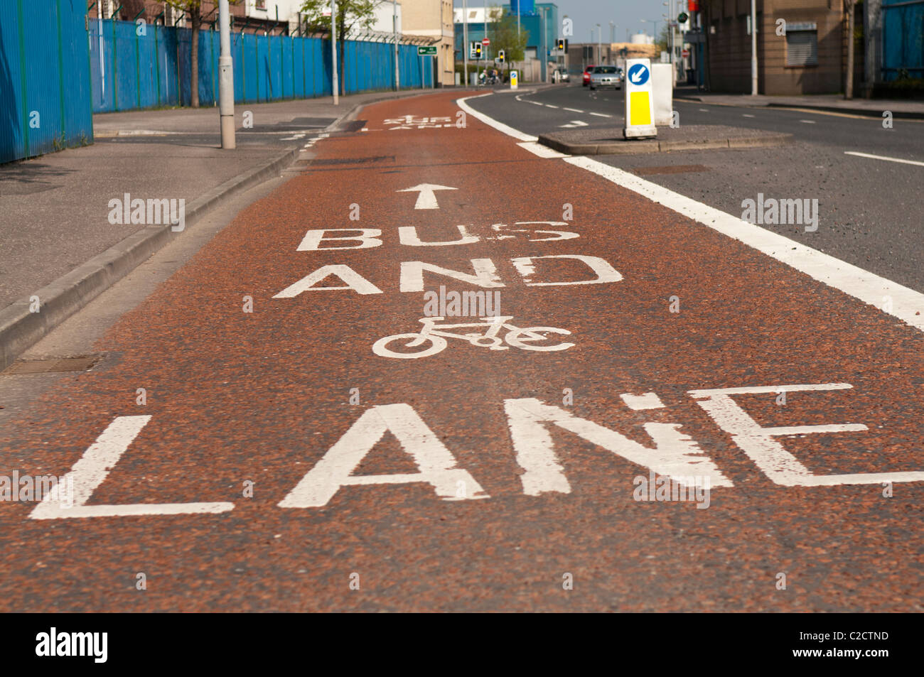 Bus and cycle lane road markings Stock Photo