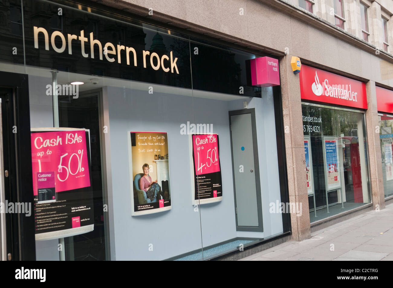 Northern Rock and Santander banks, side by side on a High Street Stock Photo
