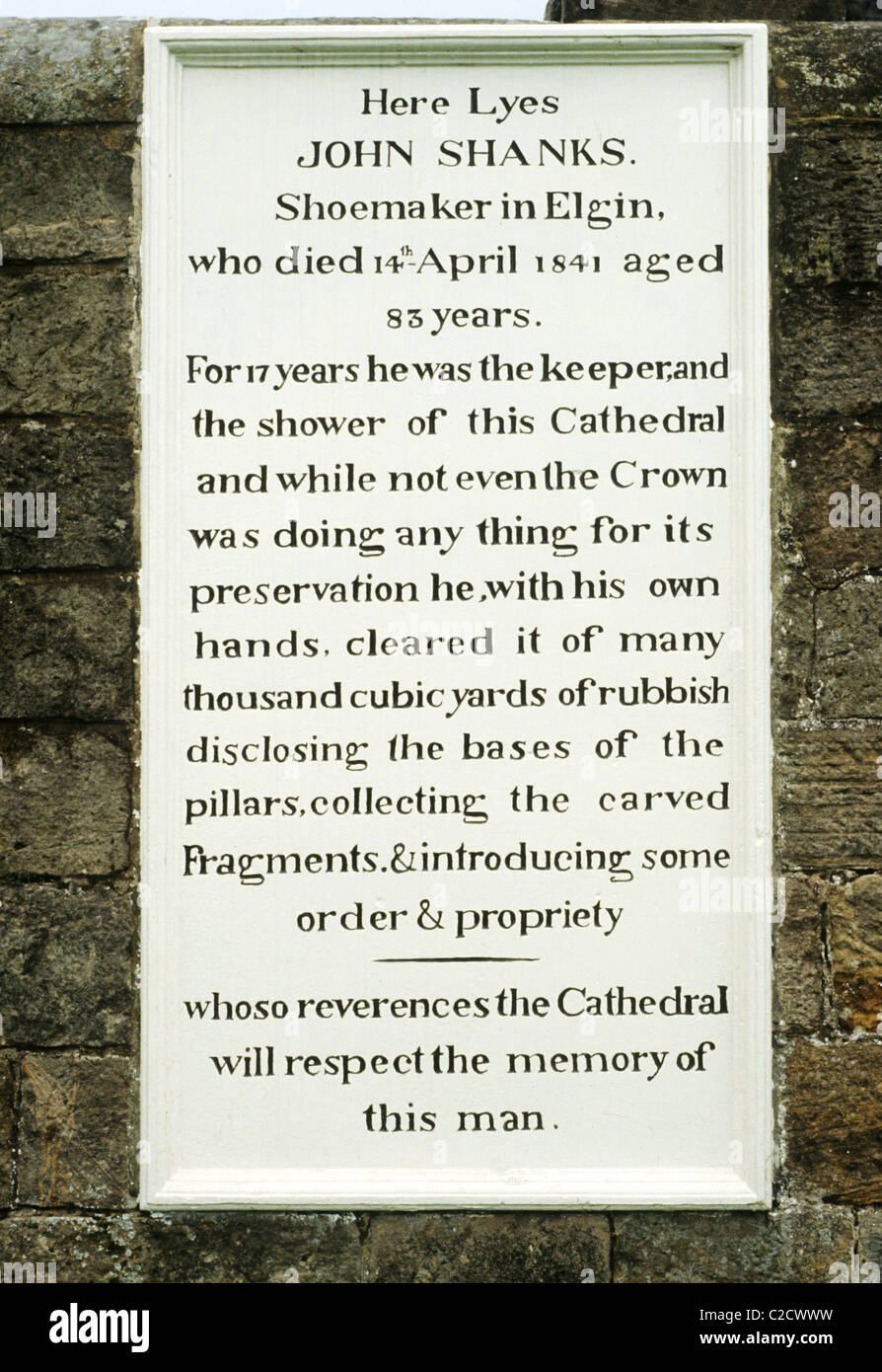 Elgin Cathedral, Scotland. Memorial plaque to John Shanks 1841 Scottish cathedrals plaques UK Stock Photo