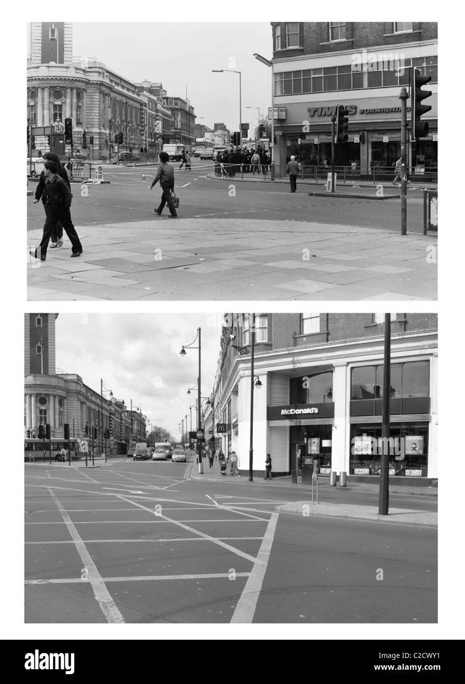 Group of policemen at Junction of Brixton Road and Acre Lane,Brixton the morning after the Brixton riot 12 th April 1981. Stock Photo