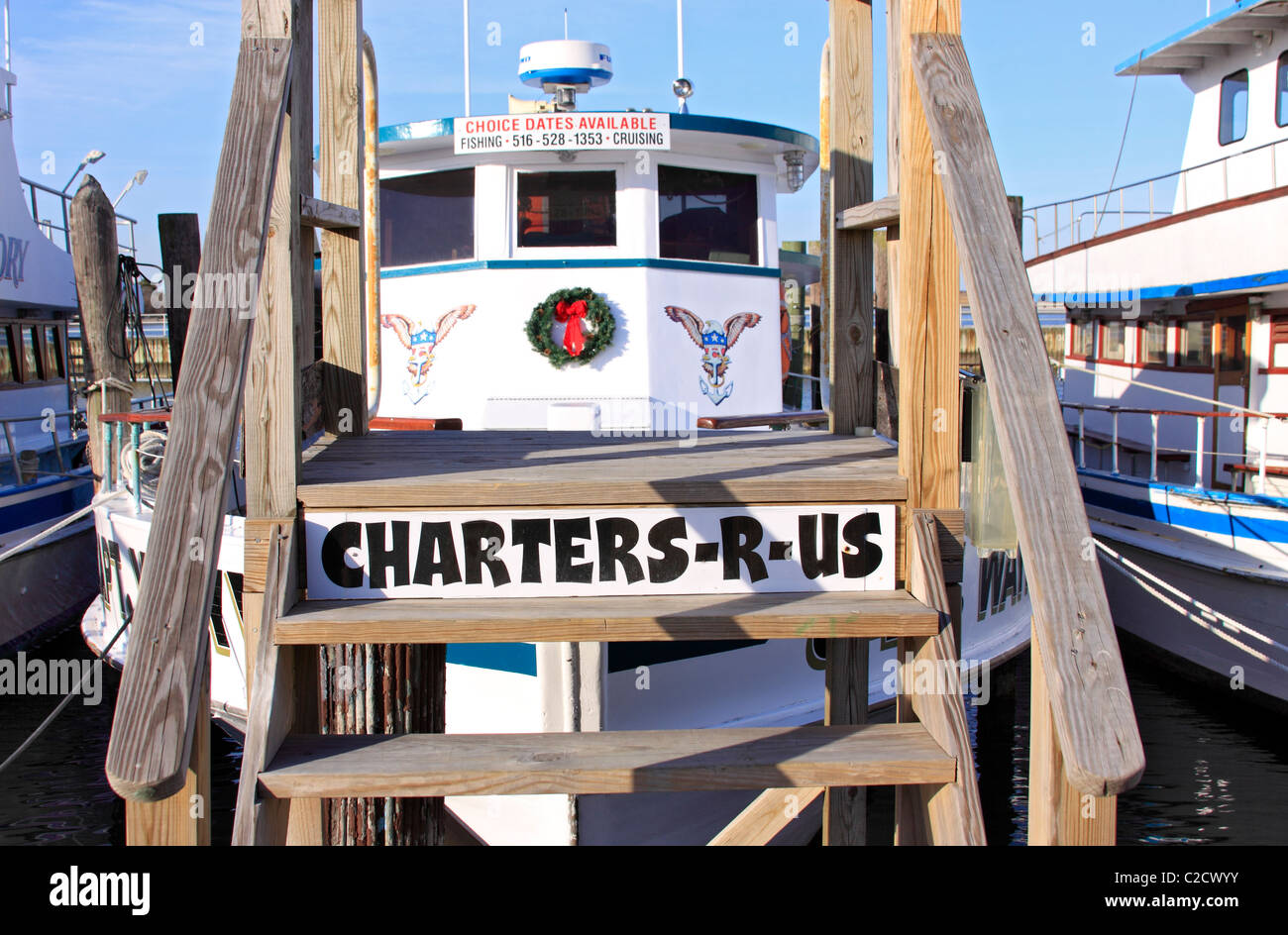 Charter fishing boat marina, Captree State Park, Long Island NY Stock