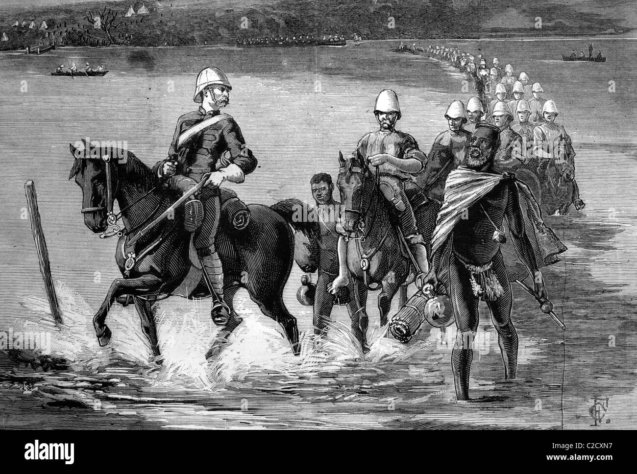 The restoration of Catewayo, the military escort crossing the Tugela River, South Africa, on their way to meet the King, histori Stock Photo