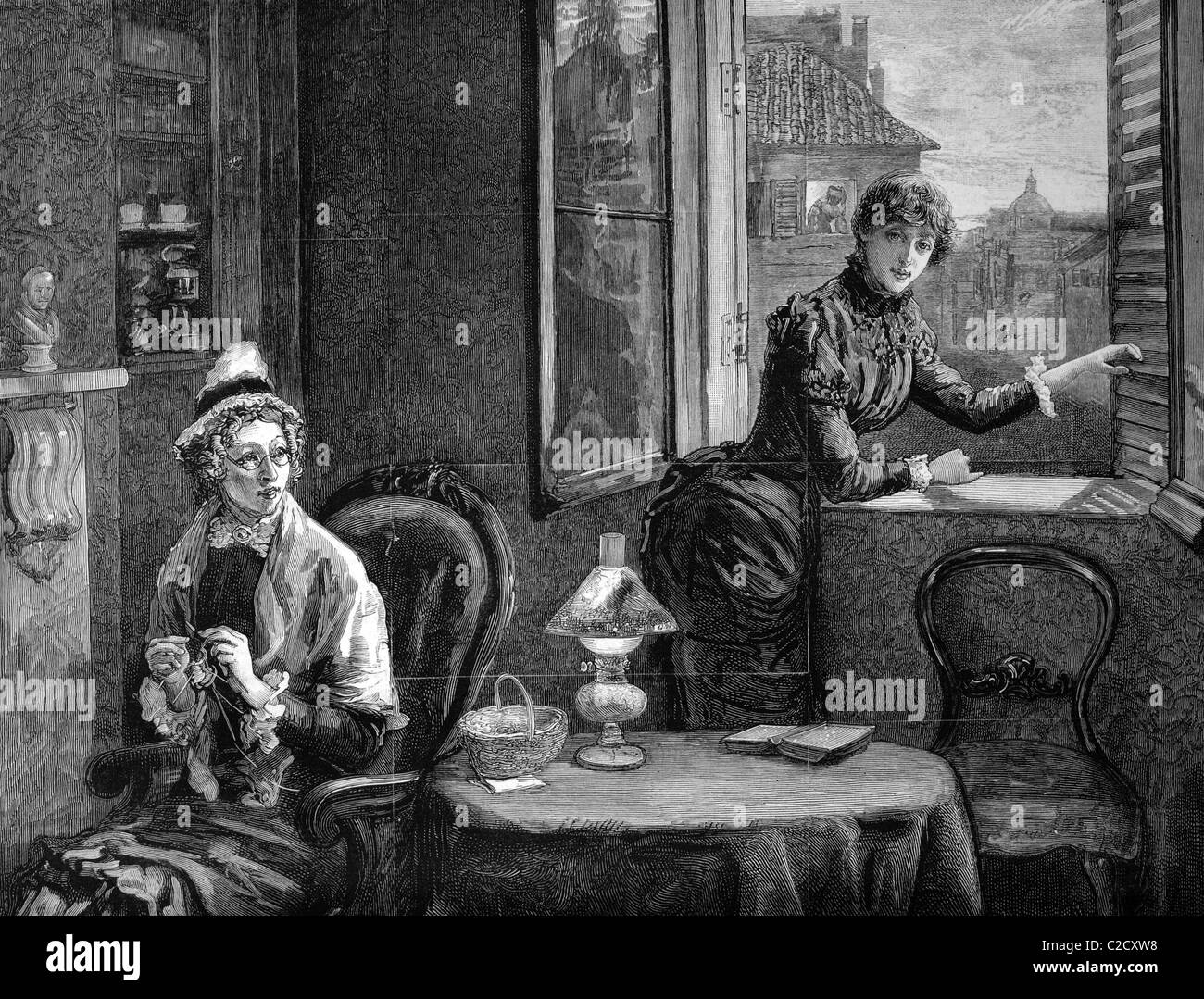 Women in the sewing room, historical illustration, 1884 Stock Photo