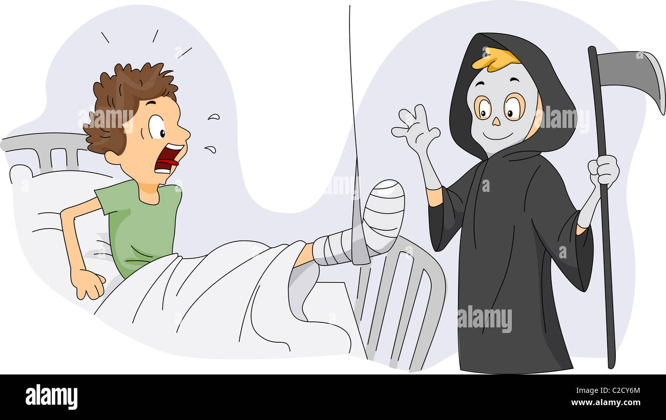 Illustration of a Guy Dressed as the Grim Reaper Visiting a Patient Stock Photo