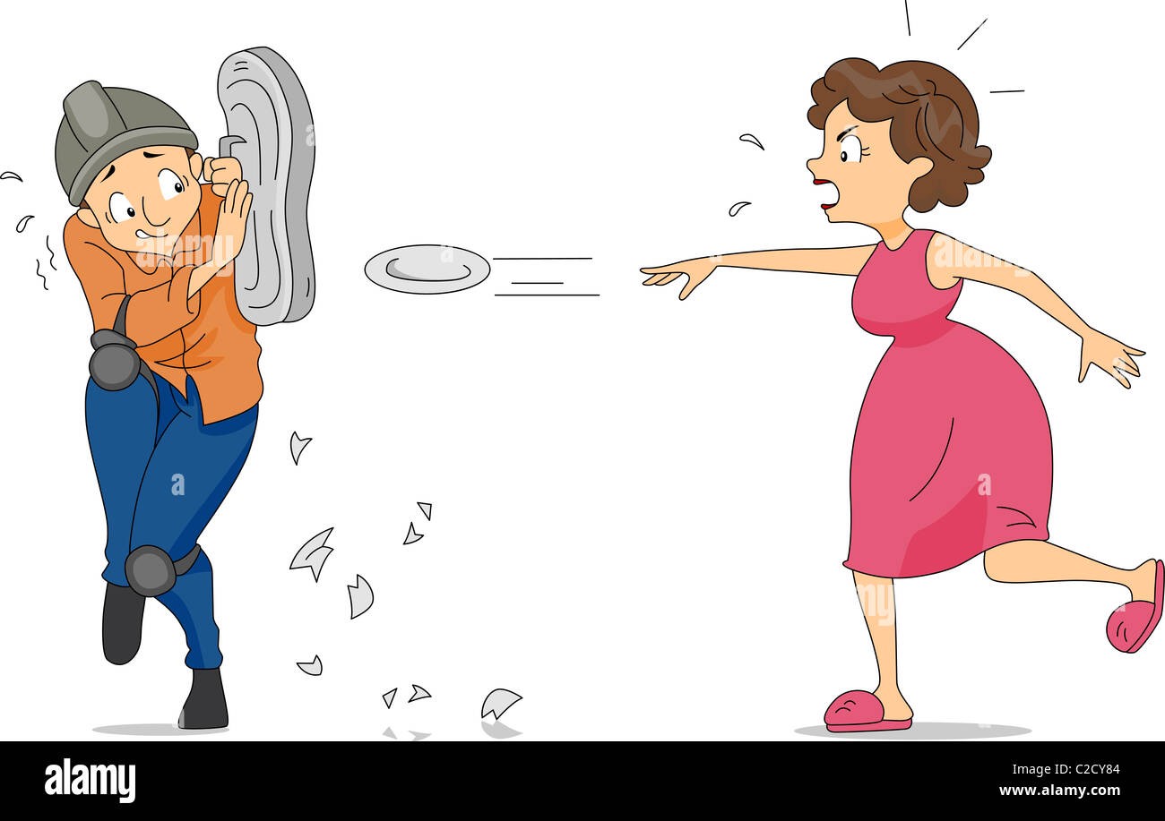 Illustration of a Wife Throwing Plates at Her Husband Stock Photo Alamy