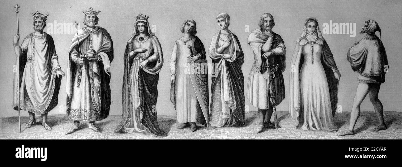 Cultural history, from left: Emperor Henry II, Henry the Holy, 973-1024, Emperor Frederick I, 1122-1190, Berengaria of Navarre, Stock Photo