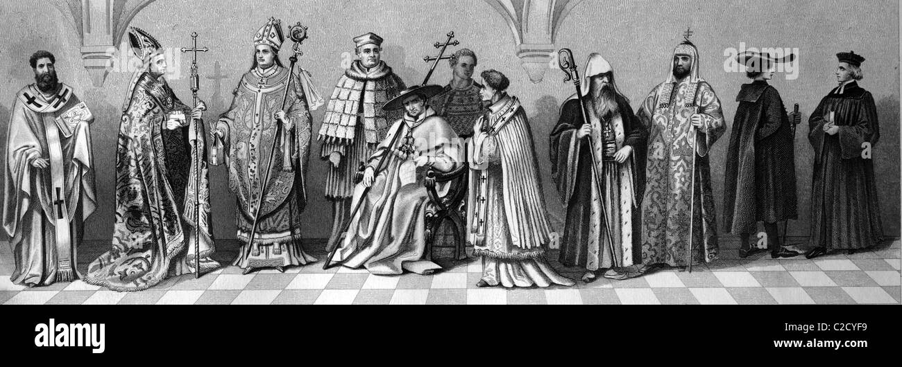 Cultural history of religion, from left priest of old Byzantium, in a pluvial, in