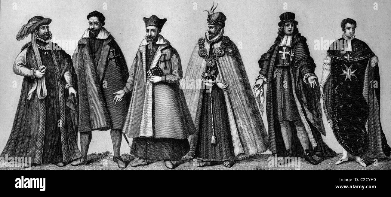 Cultural history of the orders, from left: habit of the Golden Fleece, secular, cleric German Teutonic Knights, Knight of the Ga Stock Photo