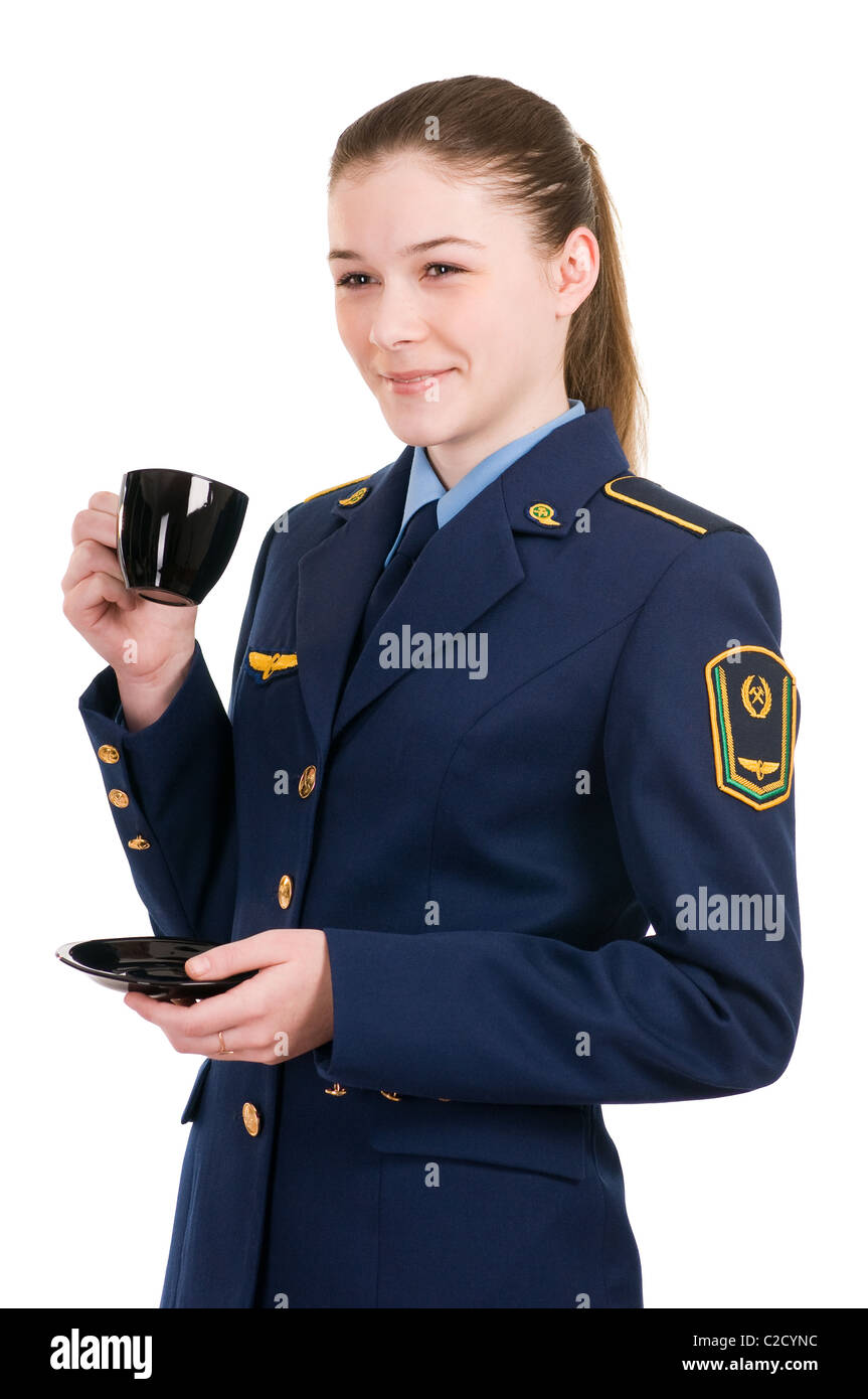 girl in the uniform of the railway with a cup isolated on white background Stock Photo