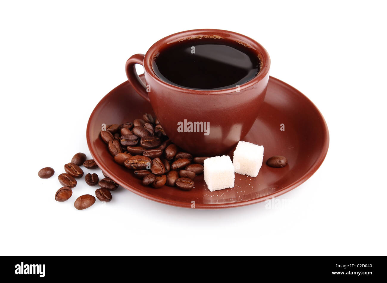 Cup of coffee with beans and lump sugar cubes isolated on white ...