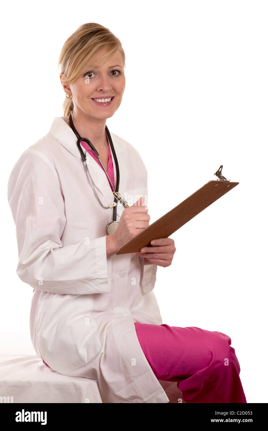 Friendly blond doctor with chart Stock Photo