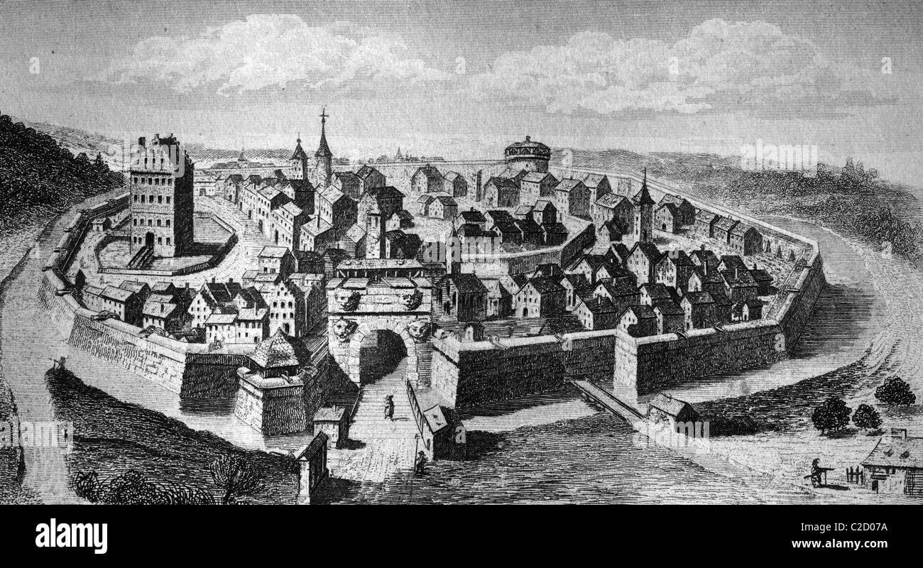 Forchheim, Bavaria, Germany, view from 1632, historical illustration Stock Photo