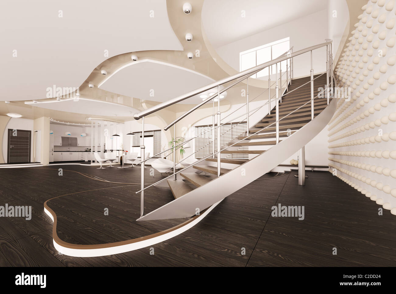 Modern interior of living room with staircase 3d render Stock Photo - Alamy