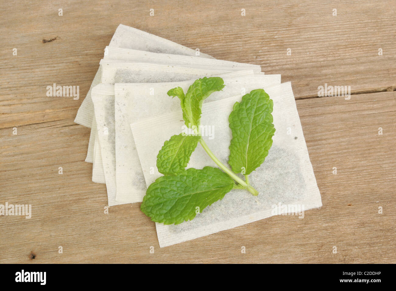 herbal tea bags with a sprig of mint on old wood Stock Photo