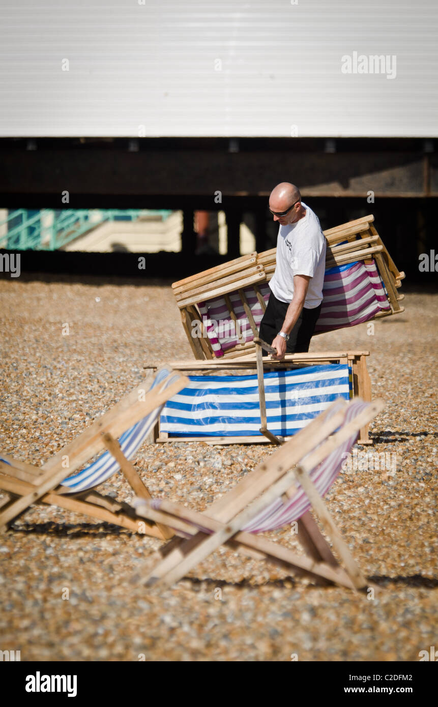 Deck chair attendant Brighton Beach Stock Photo Alamy