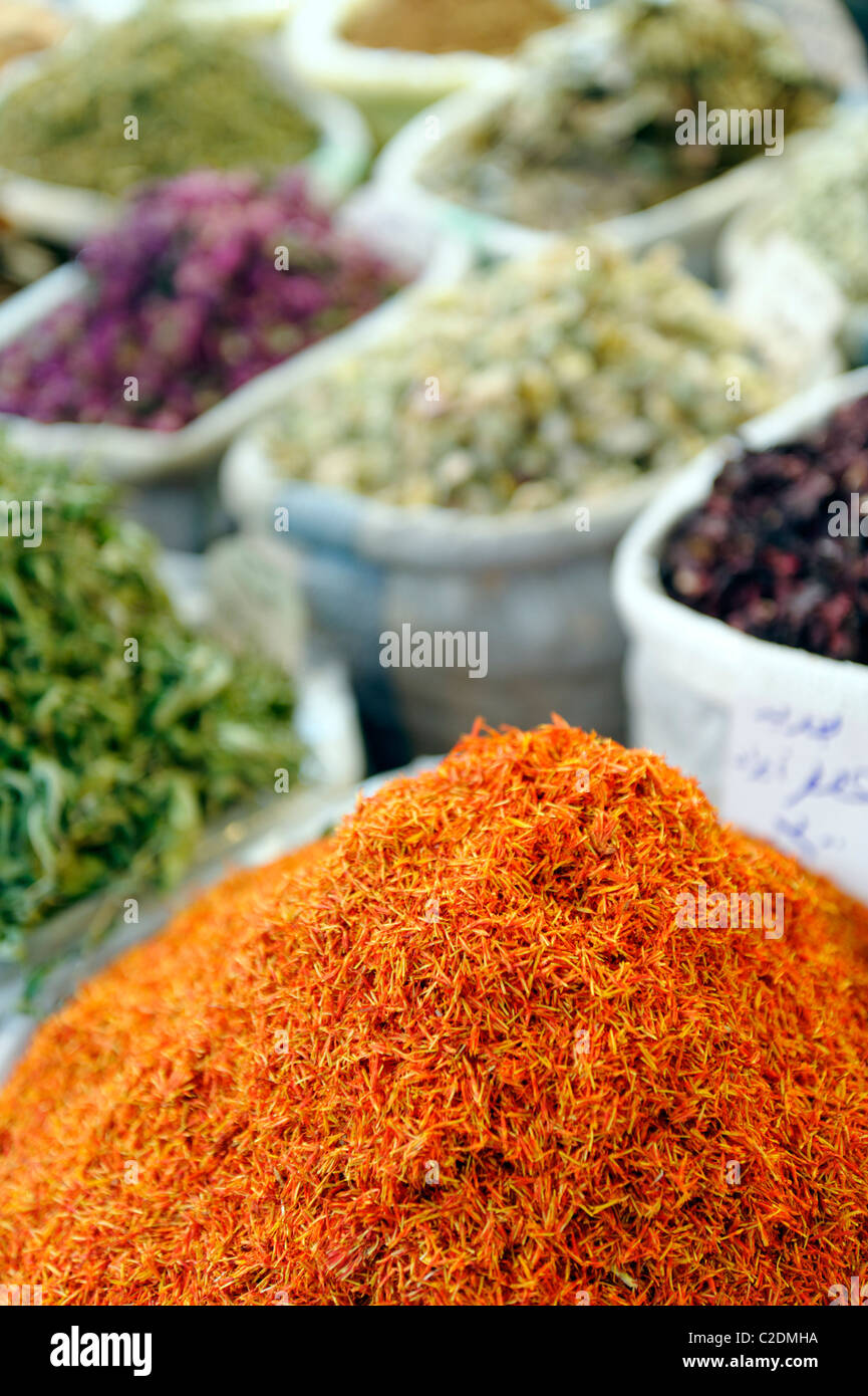 Saffron and other spices for sale in the Souq alBzouriyya or spice
