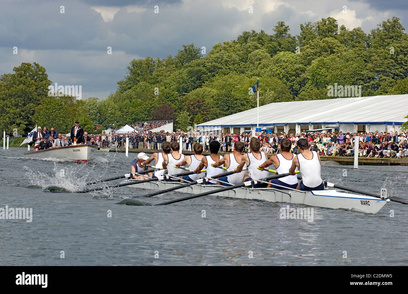 A mens' rowing eight during Henley Royal Regatta week at Henley on Thames in Oxfordshire England UK Stock Photo