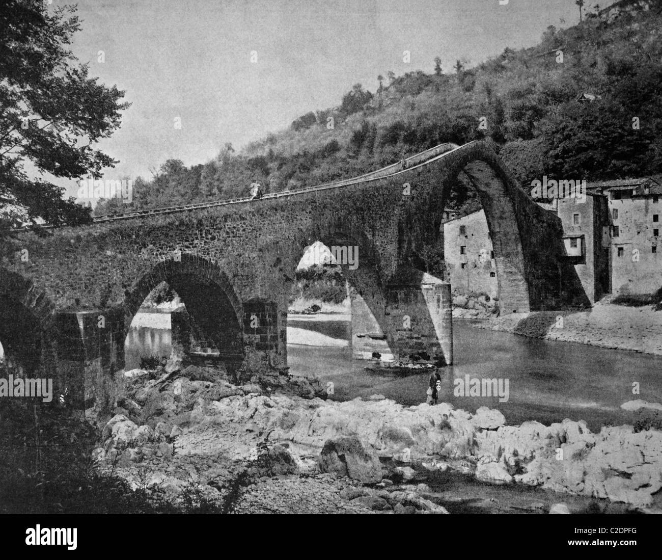 One of the first autotype prints, Pont de Borgo a Mozzano bridge, historic photograph, 1884, Borgo a Mozzano, Italy, Europe Stock Photo
