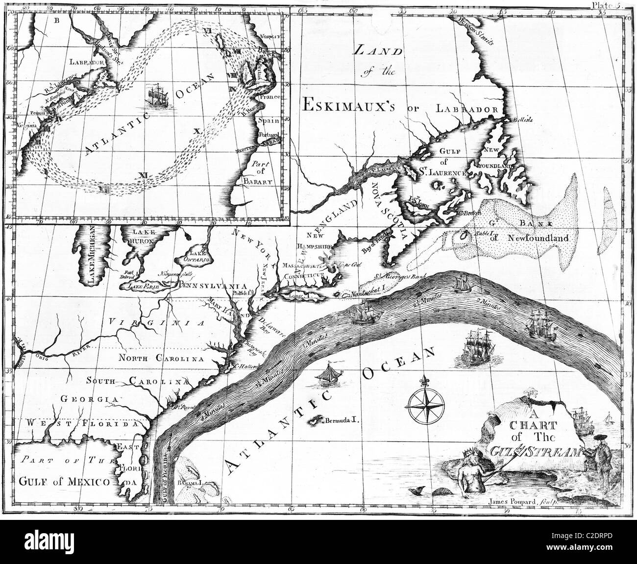 Map of the Gulf Stream drawn by Benjamin Franklin Stock Photo