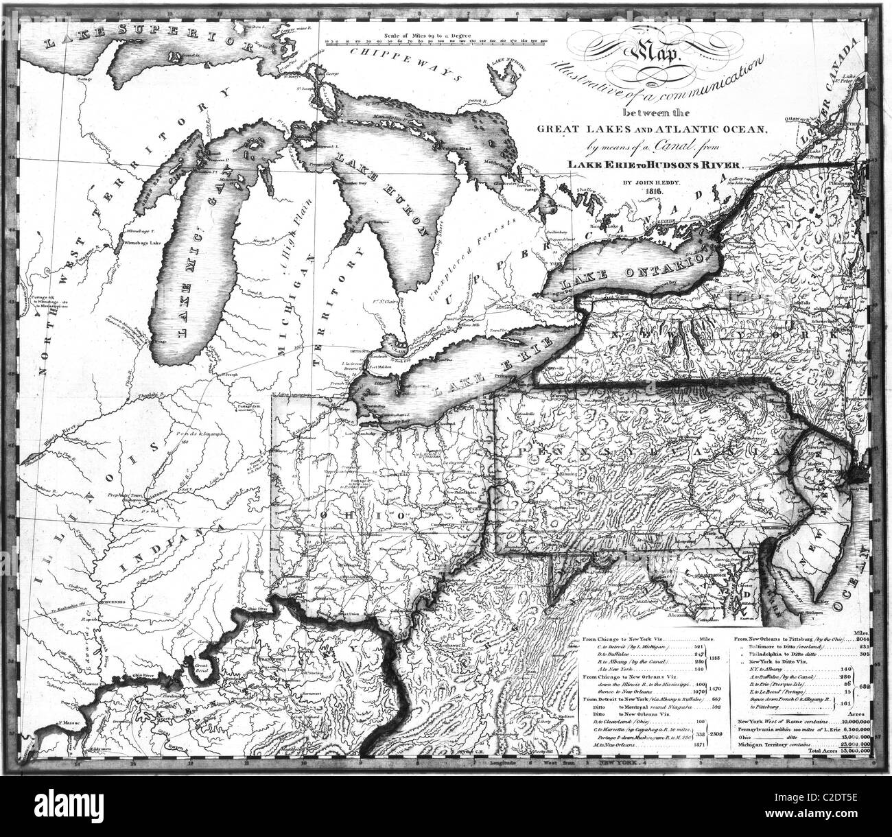 Map of the Great Lakes region in 1816 by John Eddy Stock Photo