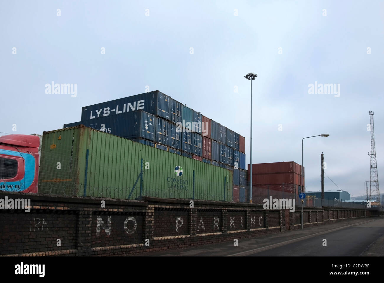 Shipping Containers Stacked at Clydeport Container Terminal Greenock Inverclyde West of Scotland UK United Kingdom Stock Photo
