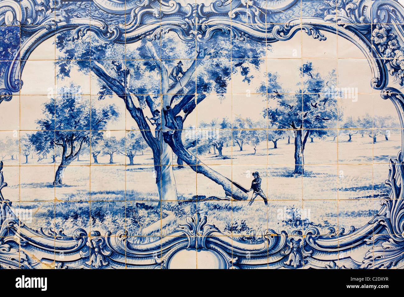 Cork harvest depicted in tiles (azulejos) at Marble Museum, Vila Viçosa, Portugal Stock Photo
