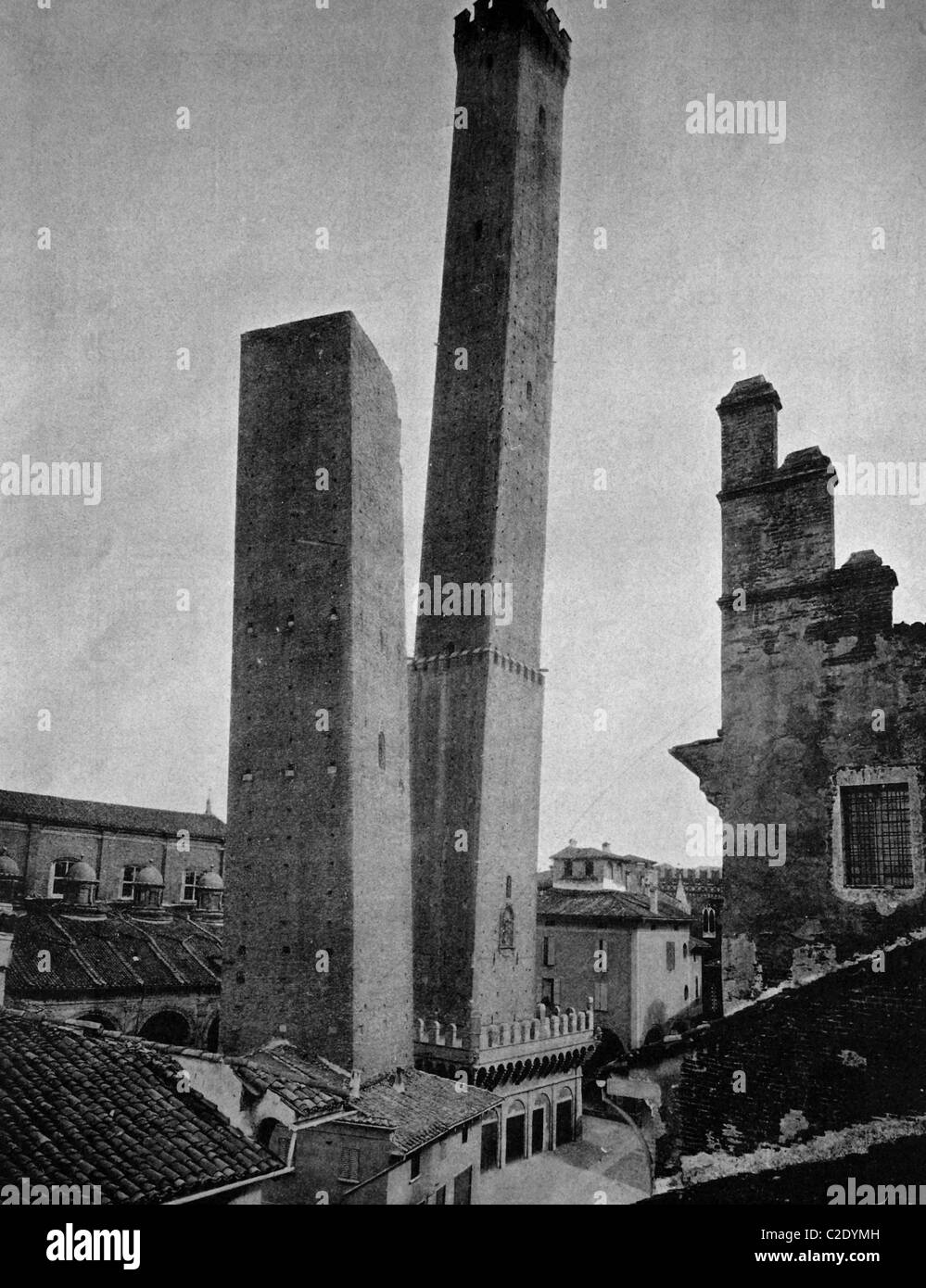 One of the first autotypes of Torre Asinelli tower in Bologna, Italy, historical photograph, 1884 Stock Photo