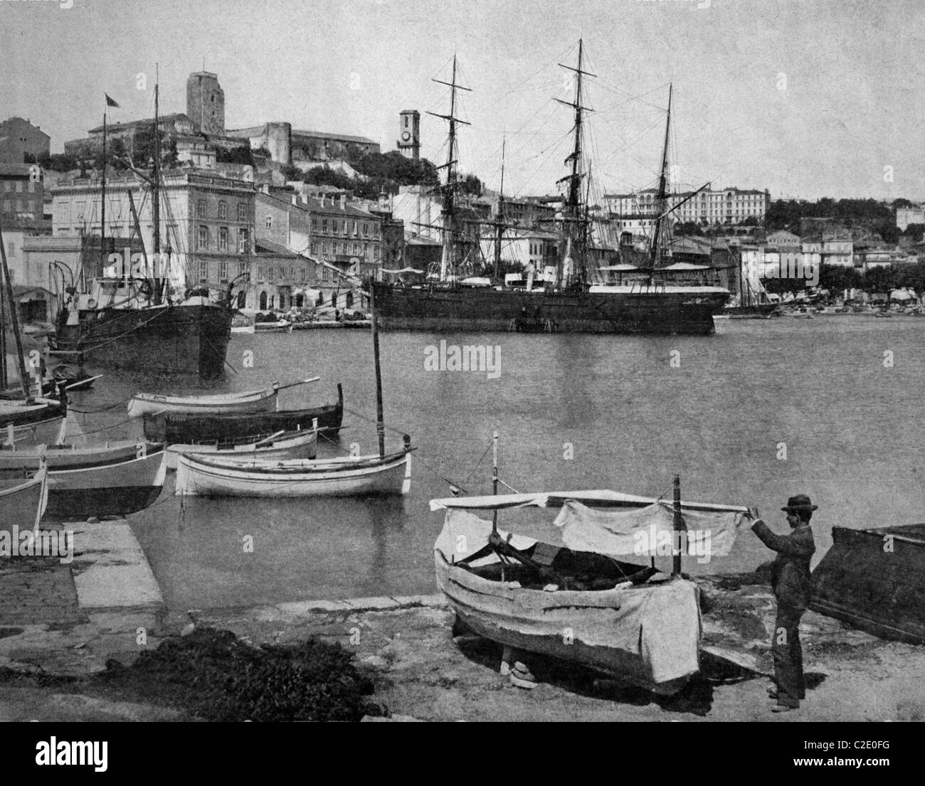 One of the first autotypes of the port of Cannes, France, historical photograph, 1884 Stock Photo