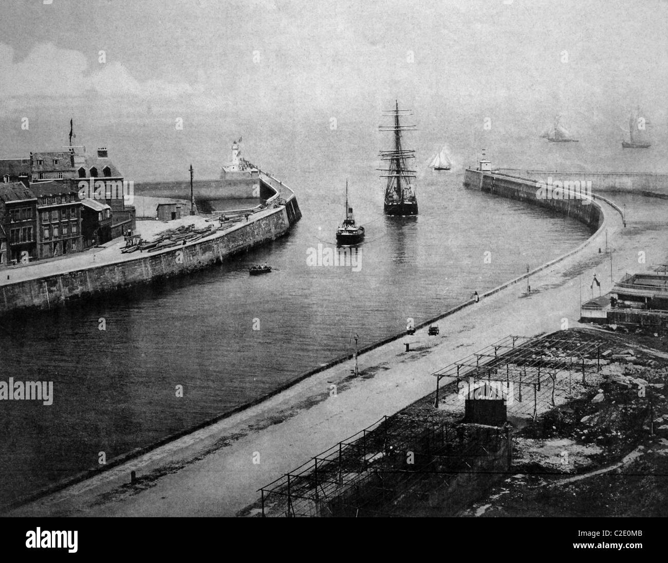 One of the first autotypes of the harbor of Dieppe, France, historical photograph, 1884 Stock Photo