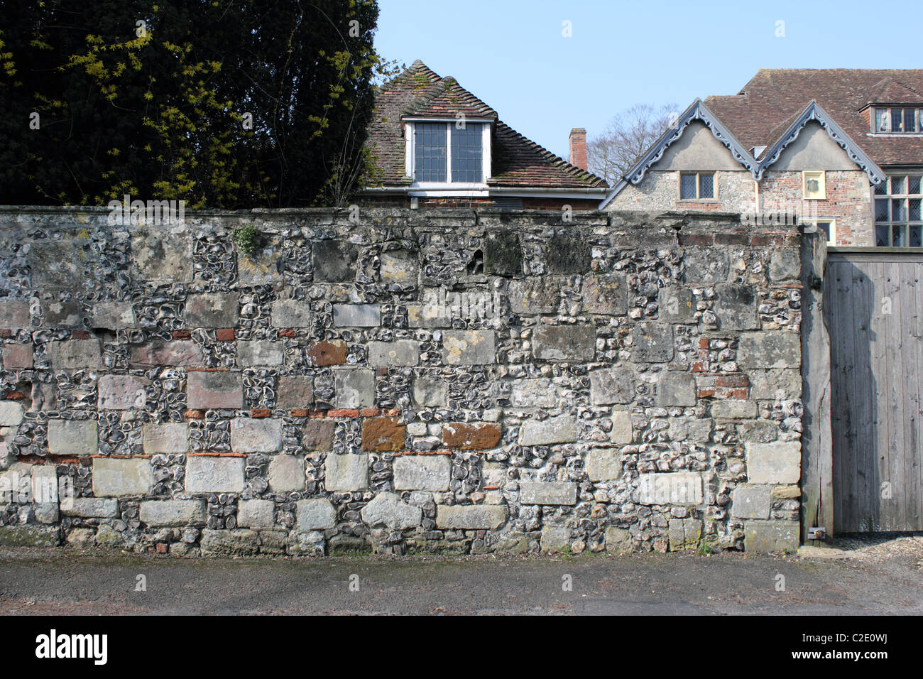 Old flint and stone wall, Cathedral Close, Salisbury, Wiltshire