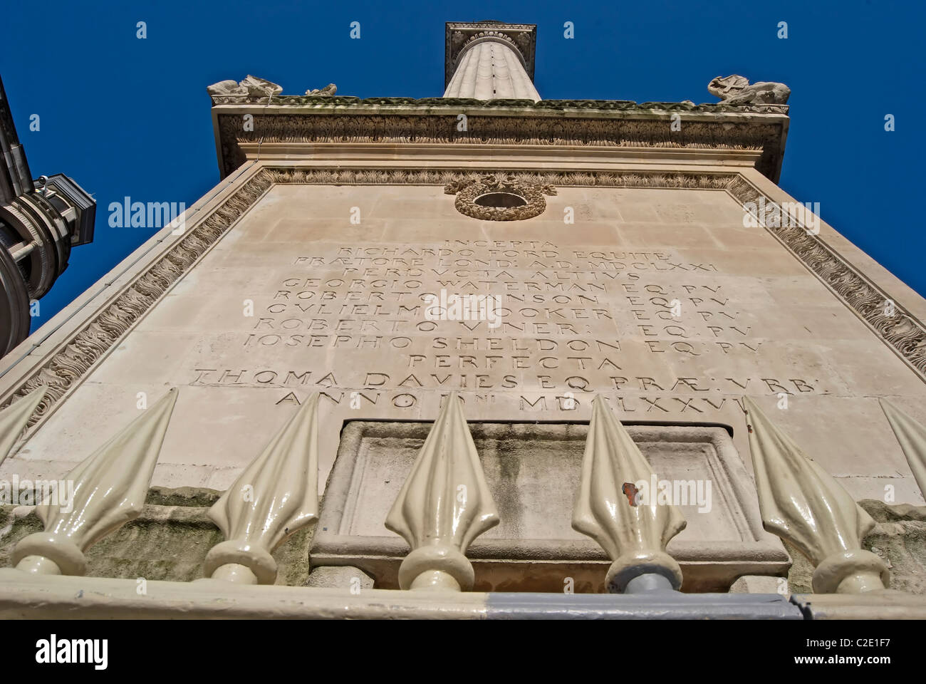 base of the monument, london, england, with inscription in latin, built ...