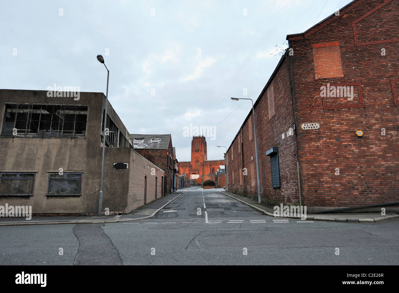 Looking up Brick Street from Flint Street in Toxteth, Liverpool. A run down area, once a service area for the Liverpool Docks. Stock Photo