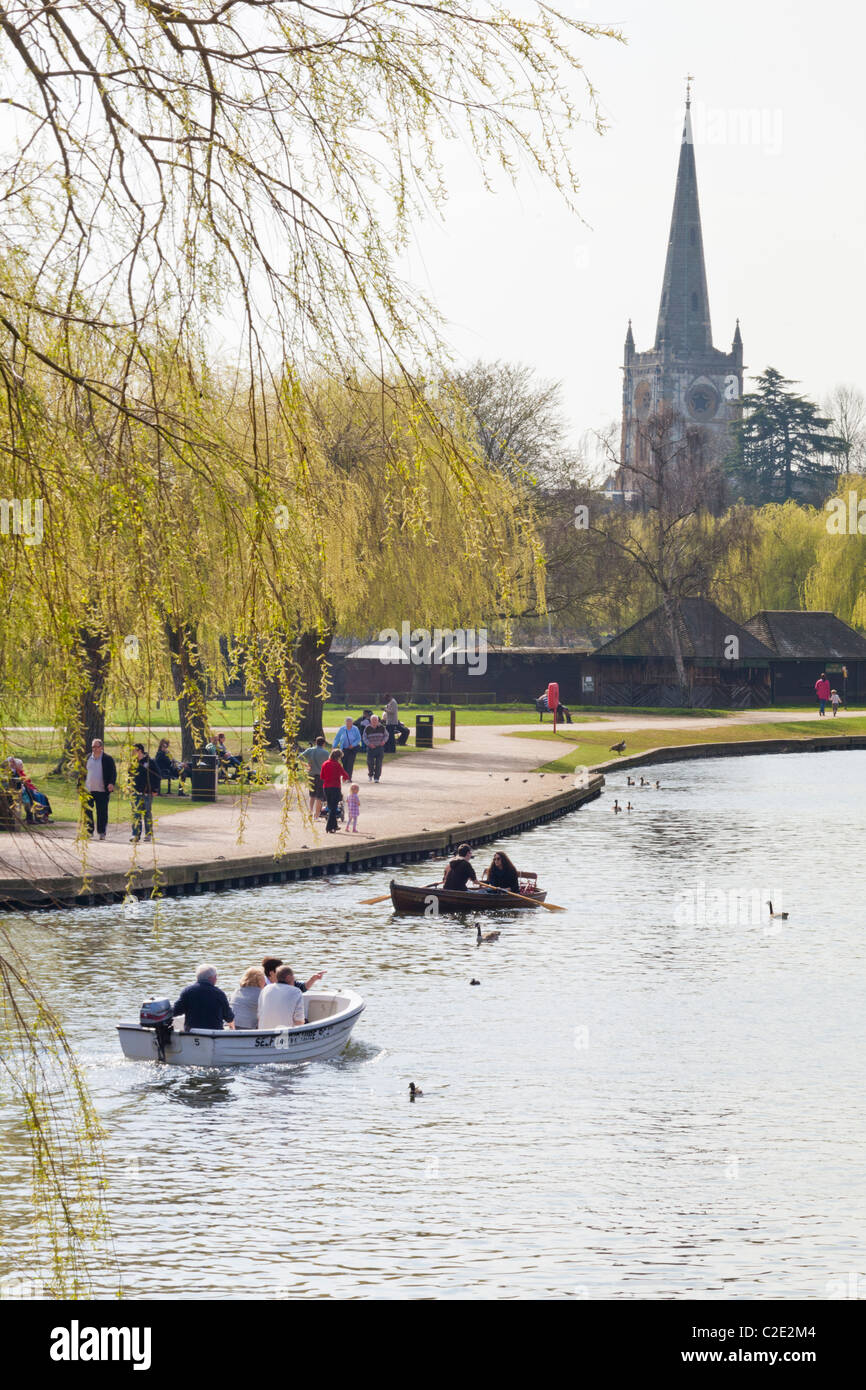 Looking down the River Avon towards Holy Trinity church, Stratford upon Avon, Warwickshire, England, UK Stock Photo