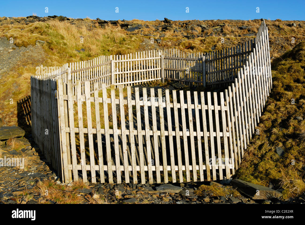 Fence surrounding a mineshaft in a North Wales quarry Stock Photo Alamy