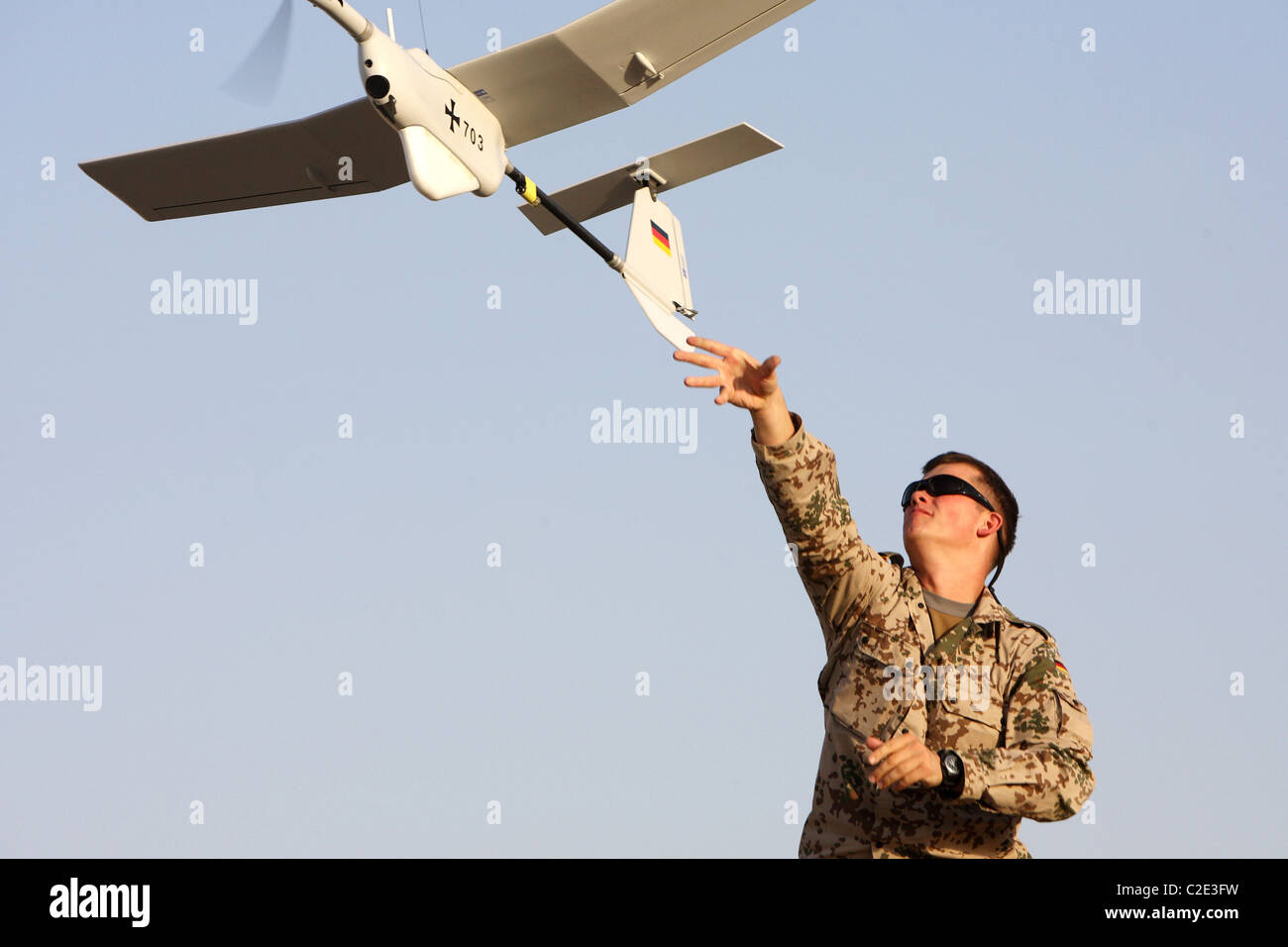 A soldier with Aladin reconnaissance drone, Kunduz, Afghanistan Stock Photo