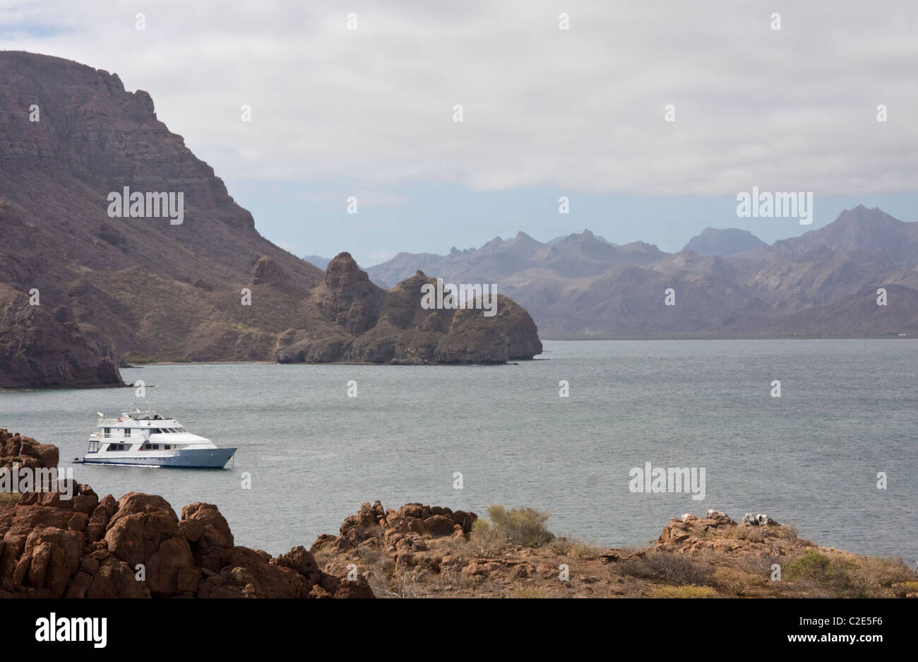 Safari Quest at anchor, American Safari Cruises, Sea of Cortez, Baja California, Mexico. Stock Photo