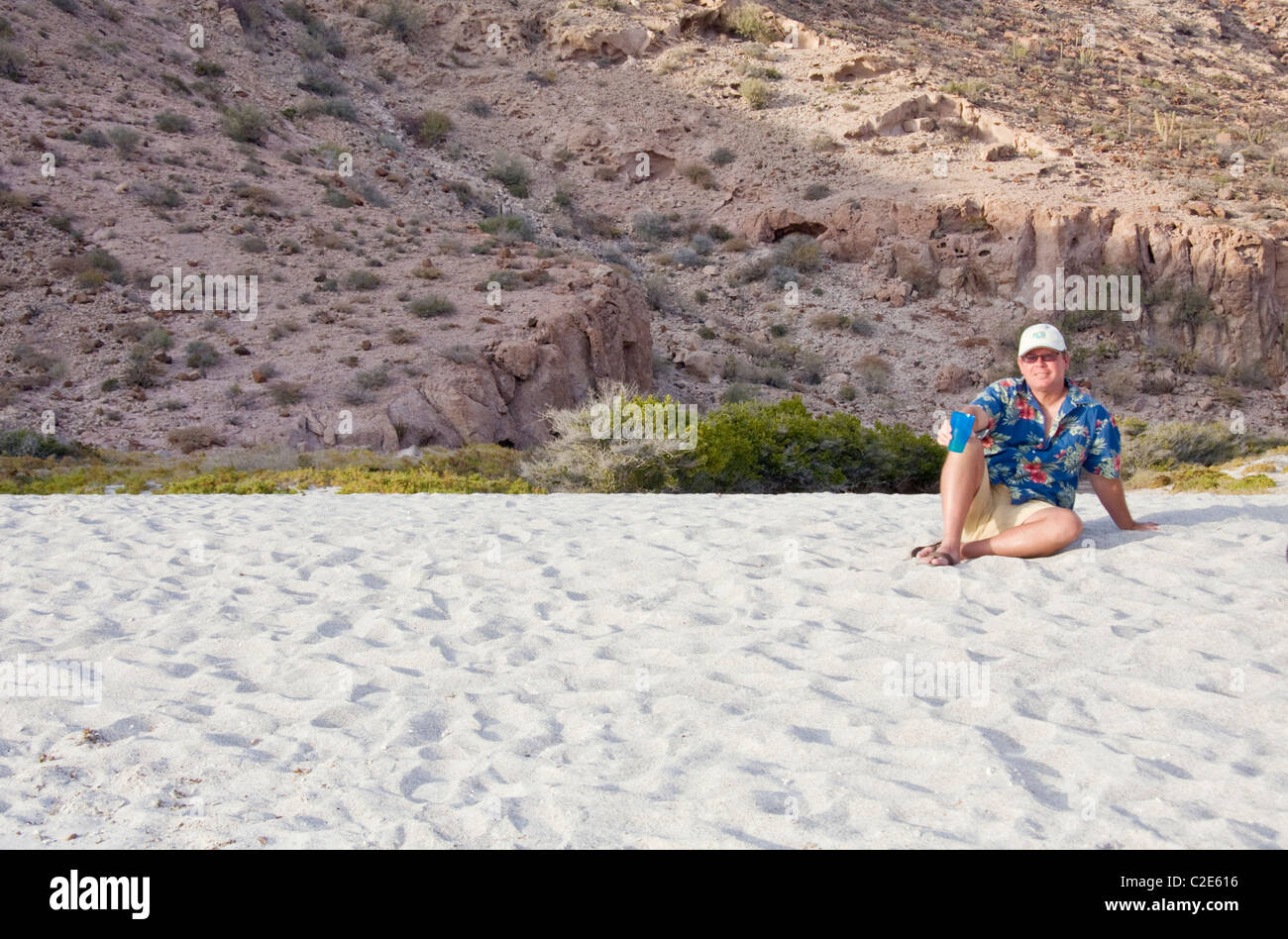 Safari Quest passenger, Allan Smith, at Playa Ensenada Grande, Sea of Cortez, Baja California, Mexico. Stock Photo