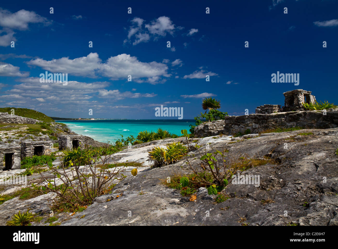 Ancient Mayan ruins over looking the Coast of Tulum Mexico Stock Photo
