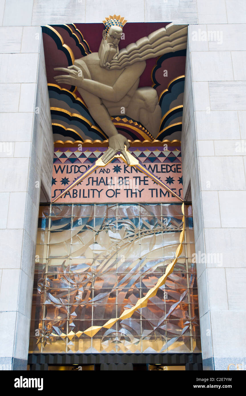 Main entrance to GE, Wisdom and Knowledge shall be the stability of thy times, Rockefeller Center, Manhattan, New York City, USA Stock Photo