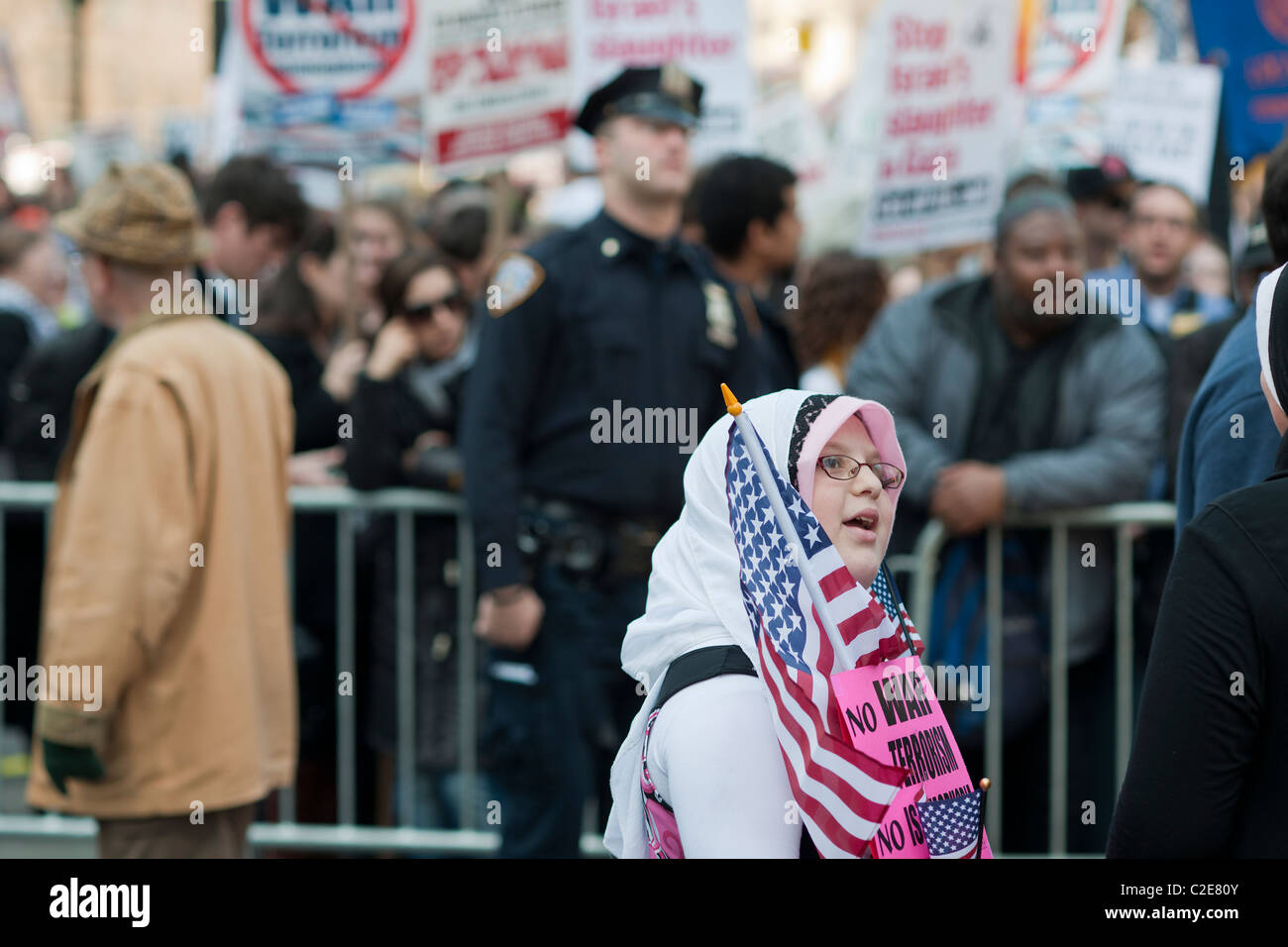 Several thousand peace activists march down Broadway from Union Square in New York Stock Photo