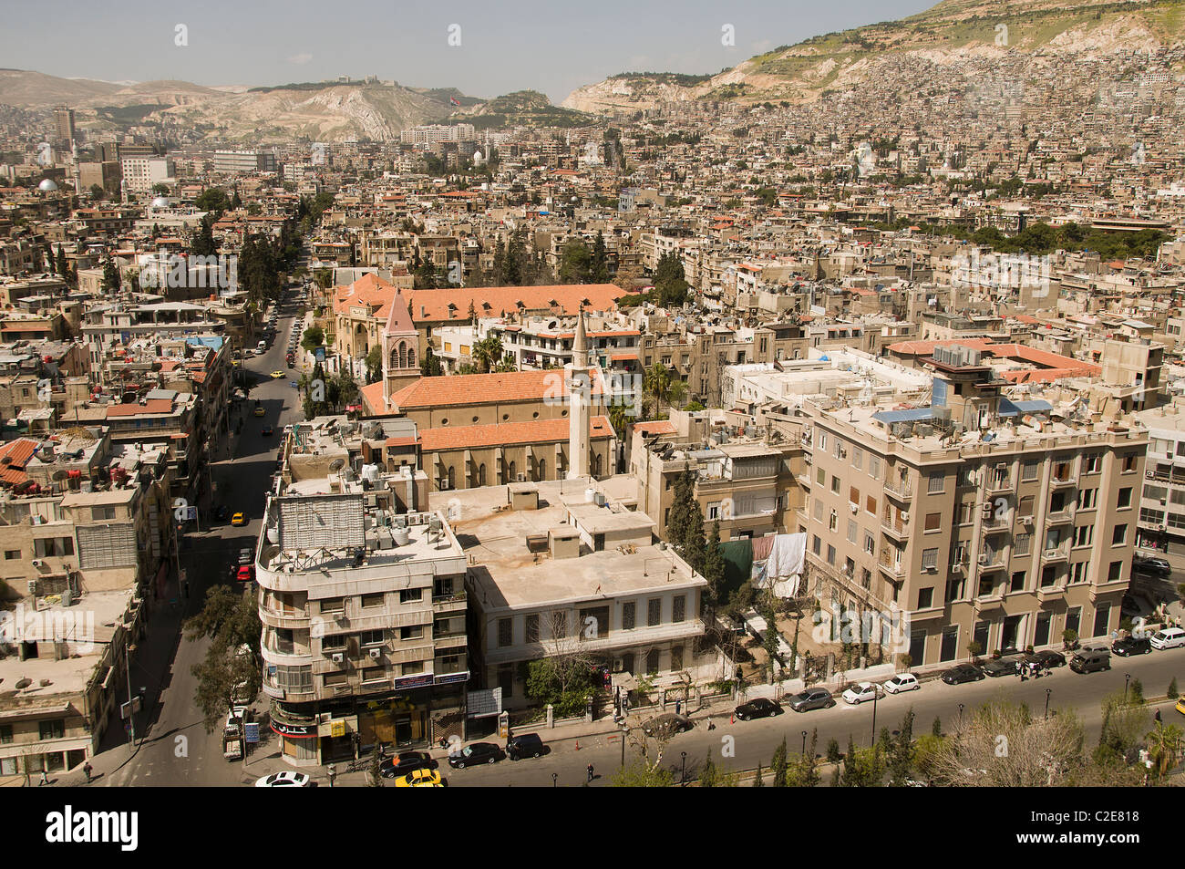 Sky Line skyline bird eyes eye view Central Damascus modern Town City Syria Syrian Stock Photo