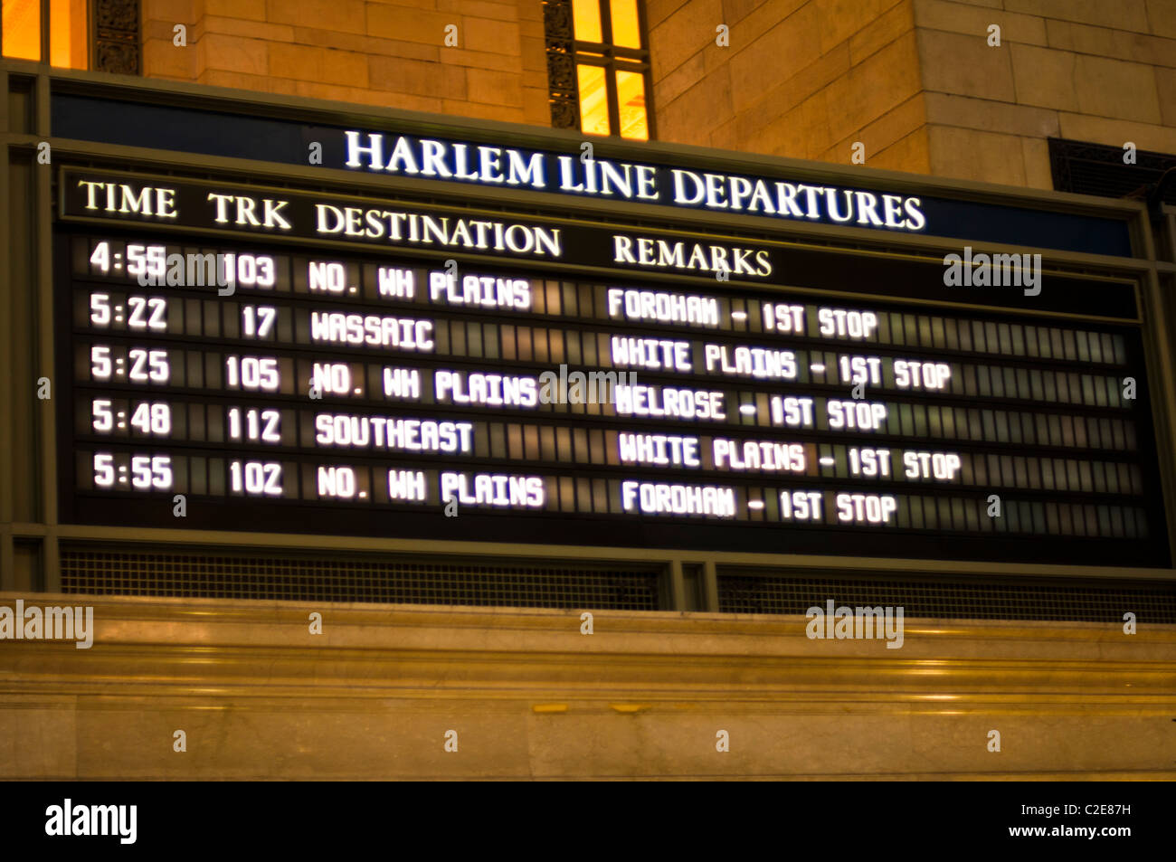 Harlem line departures schedule table at Grand Central Terminal railway station, Manhattan, New York City, USA Stock Photo