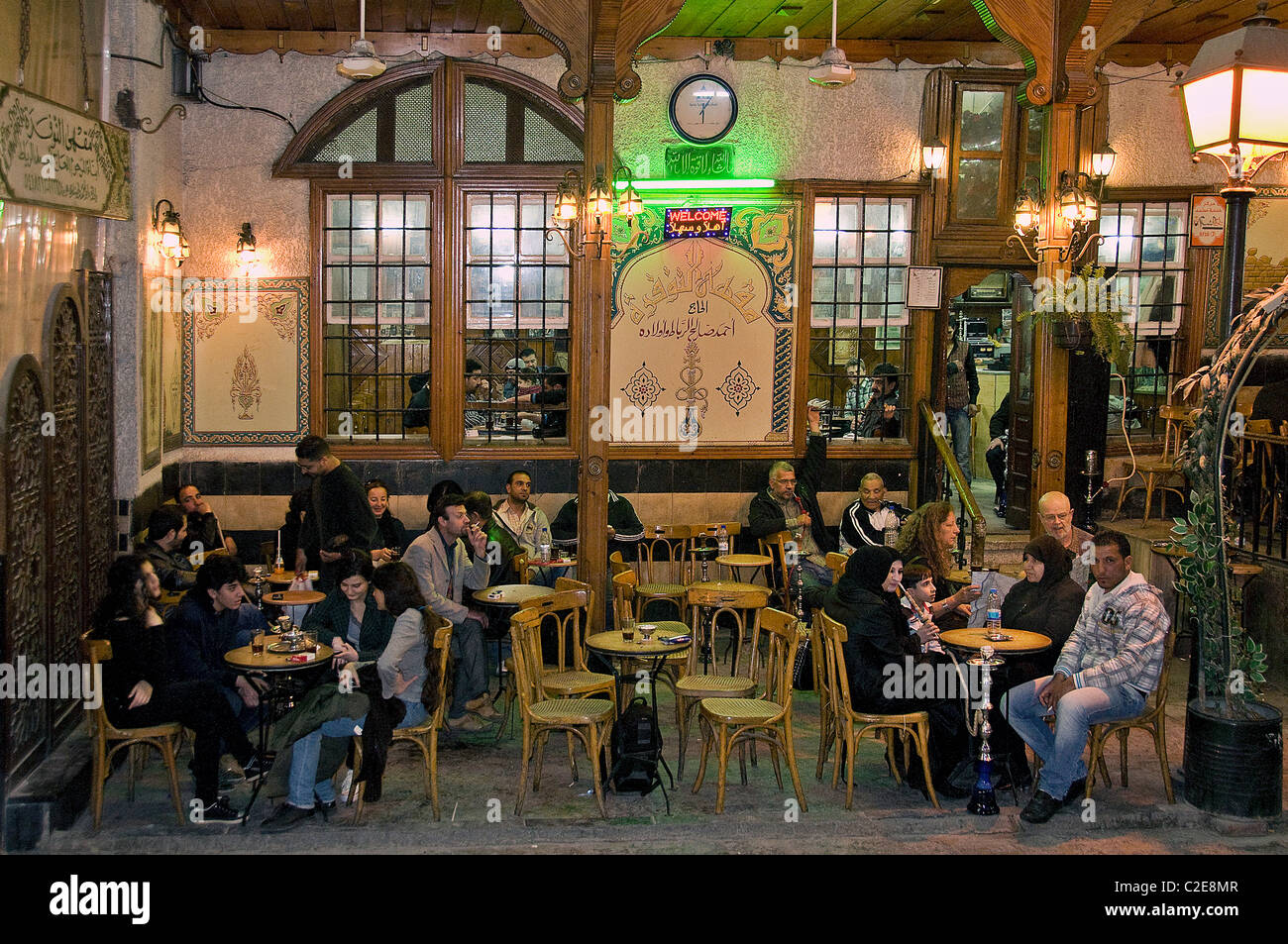 Old Damascus Syria water pipe Cafe tea coffee house  Bazaar Souq Stock Photo